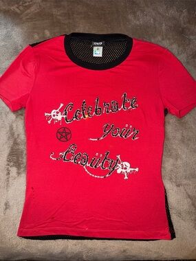 Vintage 2000s Dolce & Gabbana Red Short-Sleeve Graphic Tee with Black Mesh Back